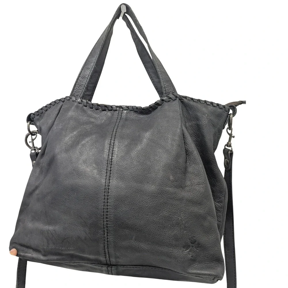 Patricia Nash Black Leather Whipstitch Satchel Crossbody Bag with Feather Charm